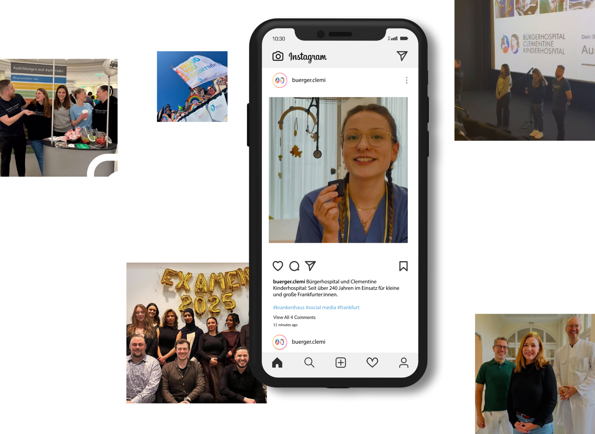 Eine digitale Collage zeigt verschiedene Social-Media-Beiträge des Bürgerhospitals und Clementine Kinderhospitals. Im Zentrum ist ein Smartphone mit einem Instagram-Post, der eine Ärztin in weißem Kittel zeigt. Rundherum sind Bilder von Veranstaltungen, Mitarbeitenden und einem Examensabschluss zu sehen. Instagram- und LinkedIn-Logos verdeutlichen die Online-Präsenz des Krankenhauses.