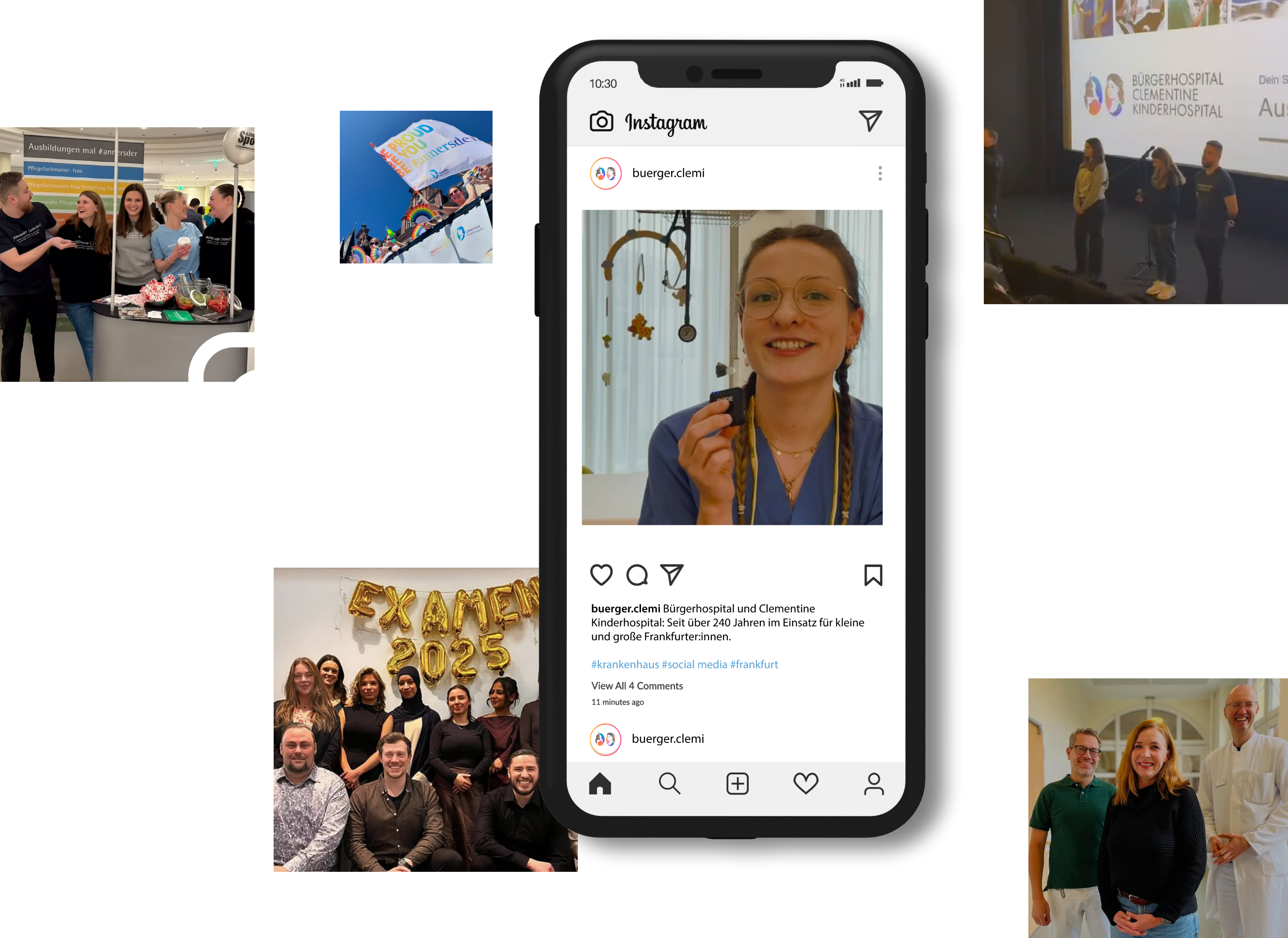 Eine digitale Collage zeigt verschiedene Social-Media-Beiträge des Bürgerhospitals und Clementine Kinderhospitals. Im Zentrum ist ein Smartphone mit einem Instagram-Post, der eine Ärztin in weißem Kittel zeigt. Rundherum sind Bilder von Veranstaltungen, Mitarbeitenden und einem Examensabschluss zu sehen. Instagram- und LinkedIn-Logos verdeutlichen die Online-Präsenz des Krankenhauses.